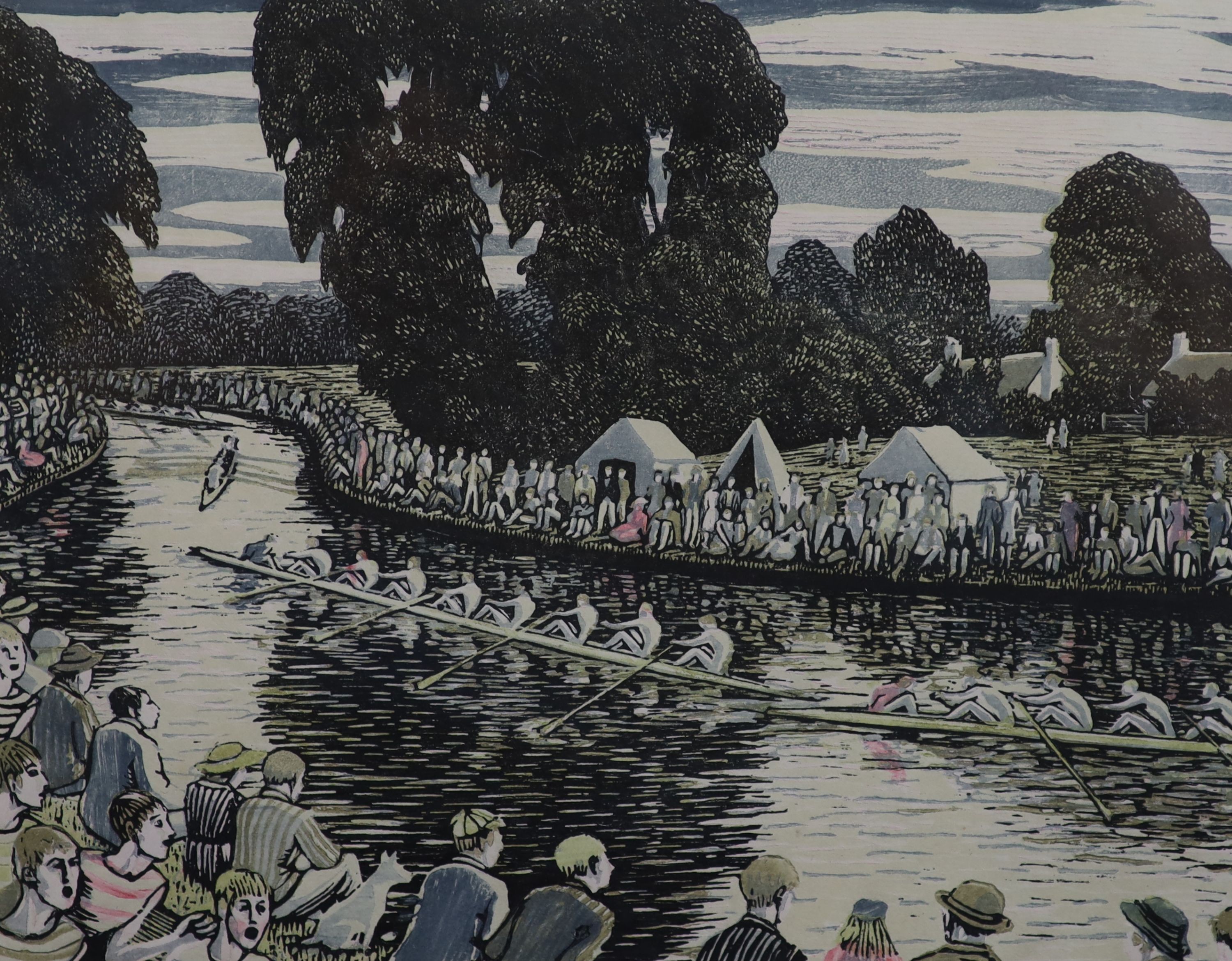 Gwen Raverat (1885-1957), Boat Race, Cambridge, 1949, hand coloured wood engraving, 18 x 23.5cm